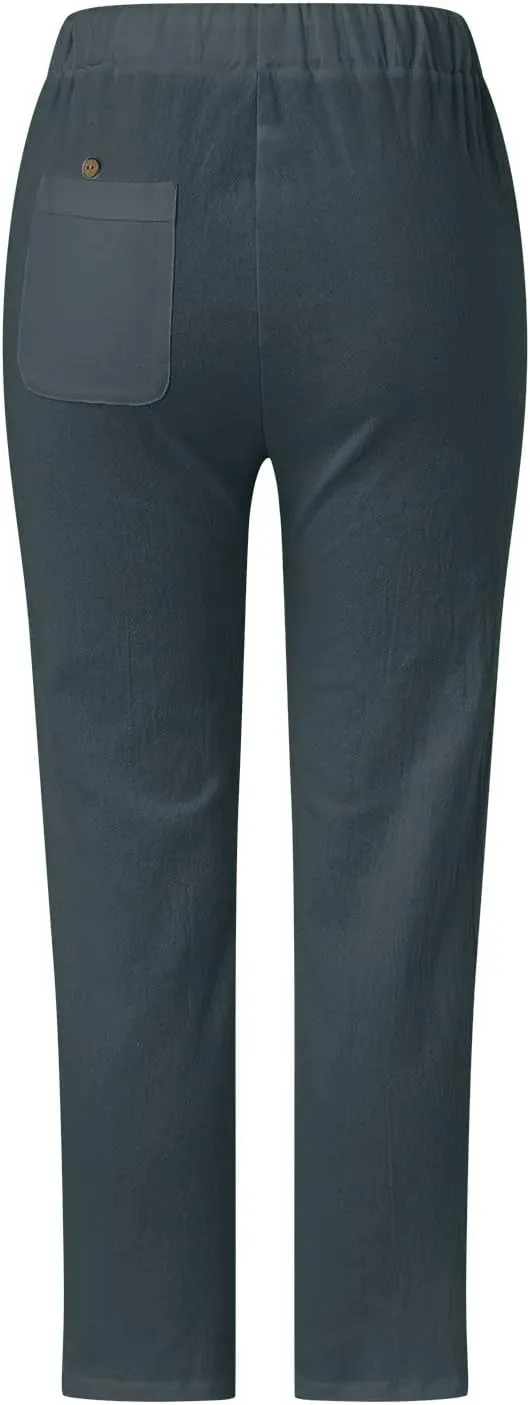 Women's Cotton Linen Pants with Drawstring High Waisted Cut Out Lounge Bottoms Summer Beachwear Lightweight Trousers