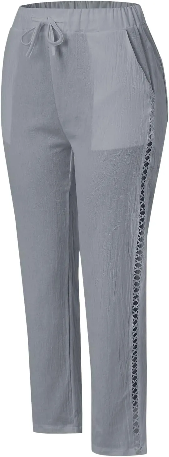 Women's Cotton Linen Pants with Drawstring High Waisted Cut Out Lounge Bottoms Summer Beachwear Lightweight Trousers