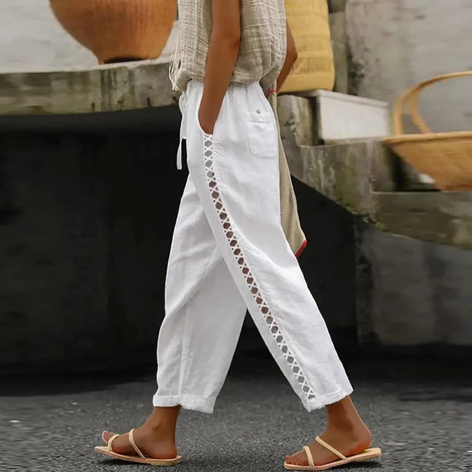 Women's Cotton Linen Pants with Drawstring High Waisted Cut Out Lounge Bottoms Summer Beachwear Lightweight Trousers
