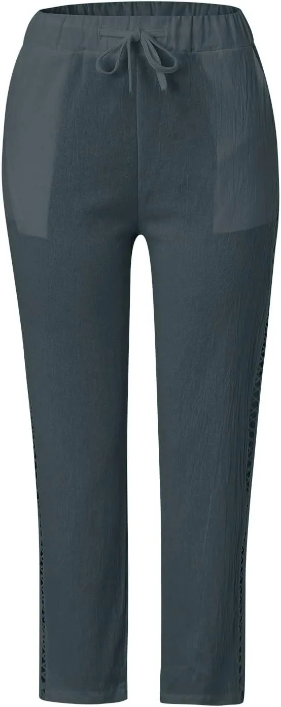 Women's Cotton Linen Pants with Drawstring High Waisted Cut Out Lounge Bottoms Summer Beachwear Lightweight Trousers