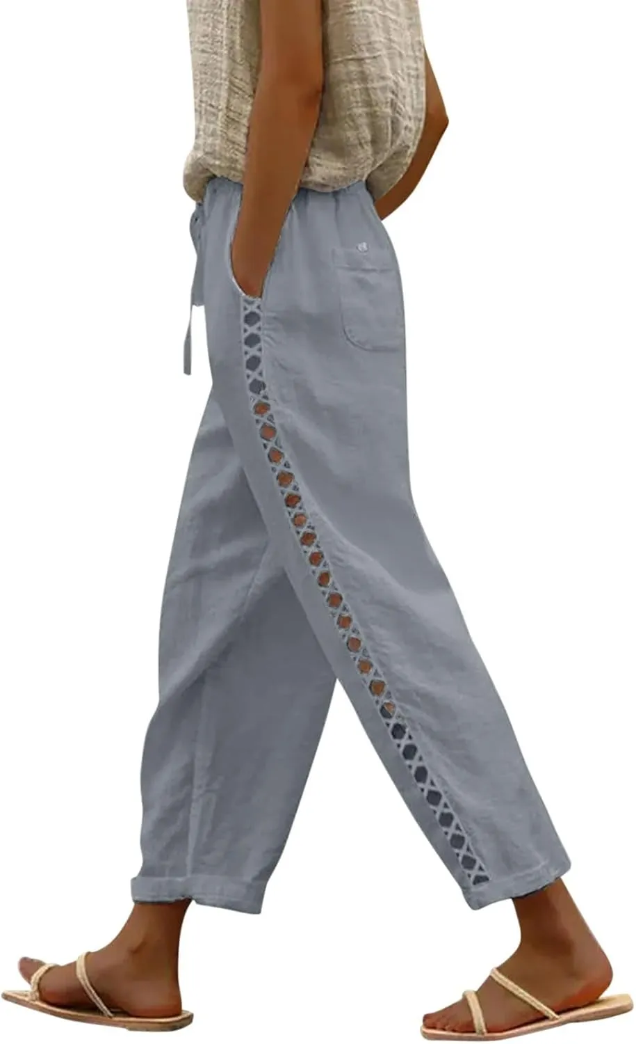 Women's Cotton Linen Pants with Drawstring High Waisted Cut Out Lounge Bottoms Summer Beachwear Lightweight Trousers