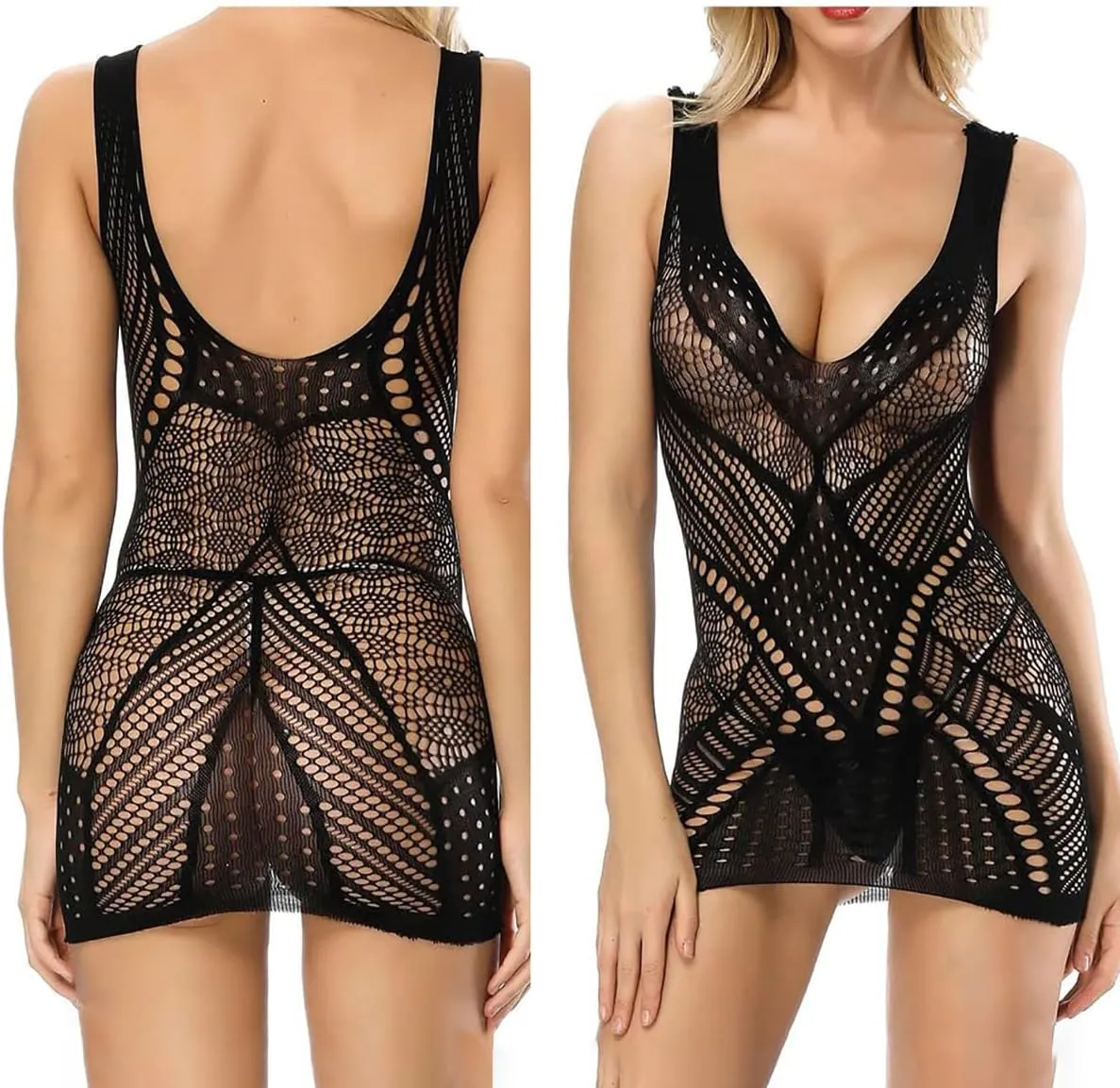 Women's Fishnet Dress Sexy Mesh Lingerie Babydoll Mini Lace See Through Bodycon Hollow Out Costume Chemise