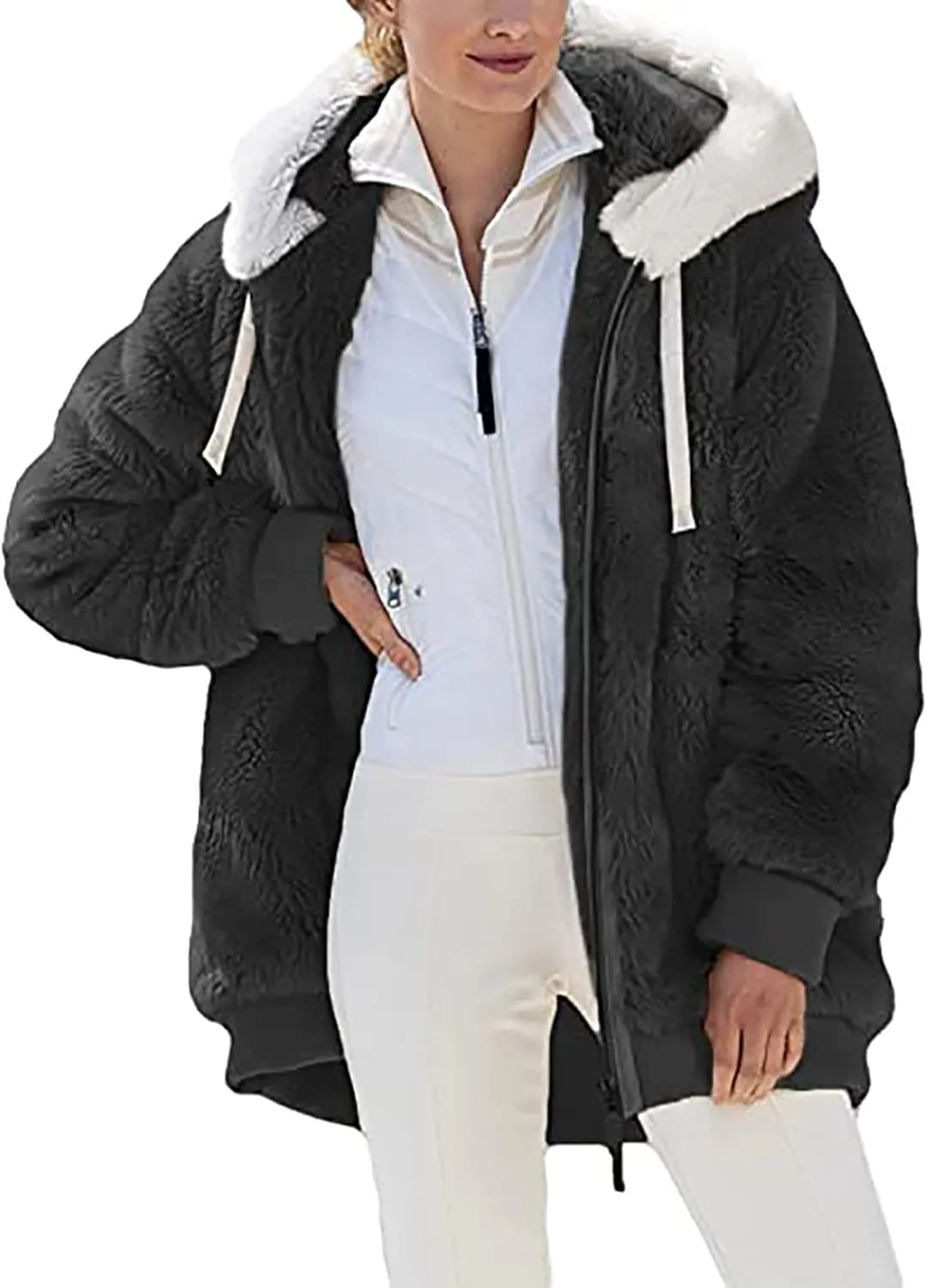 Womens Fleece Jackets Casual Fall Winter Coats Thick Shaggy Fuzzy Zip Up Hoodies Solid Warm Outwear with Pockets