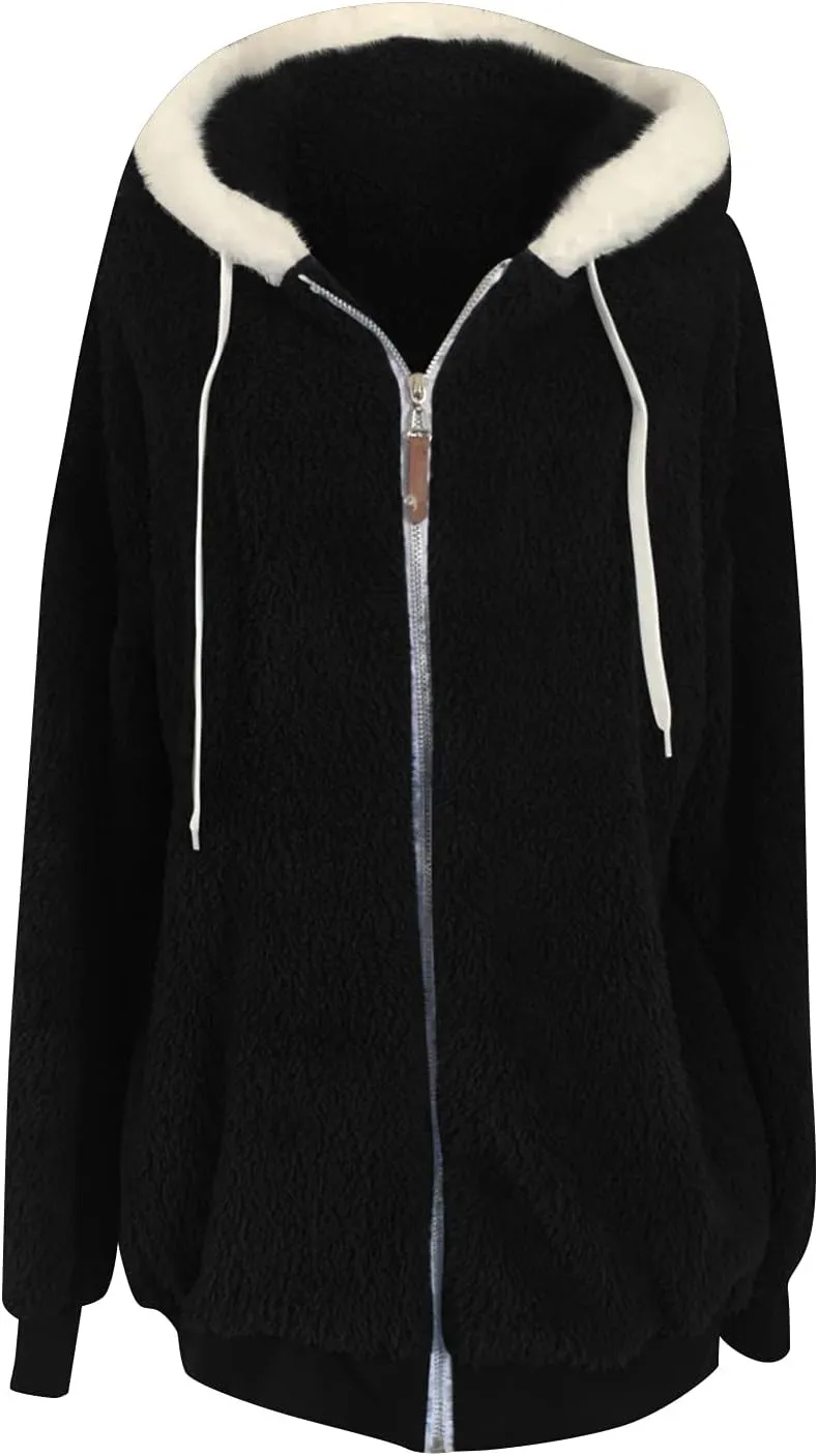 Womens Fleece Jackets Casual Fall Winter Coats Thick Shaggy Fuzzy Zip Up Hoodies Solid Warm Outwear with Pockets