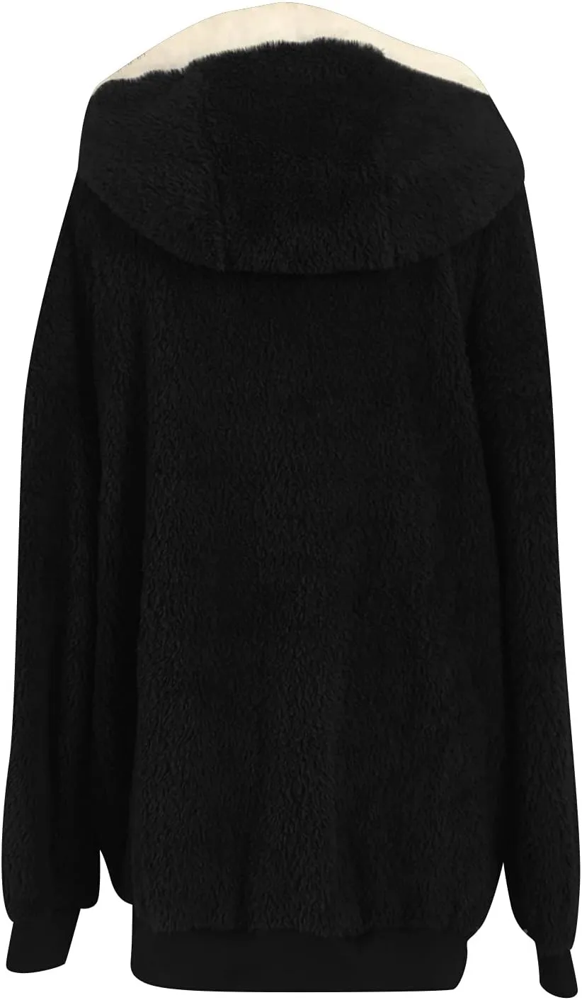 Womens Fleece Jackets Casual Fall Winter Coats Thick Shaggy Fuzzy Zip Up Hoodies Solid Warm Outwear with Pockets