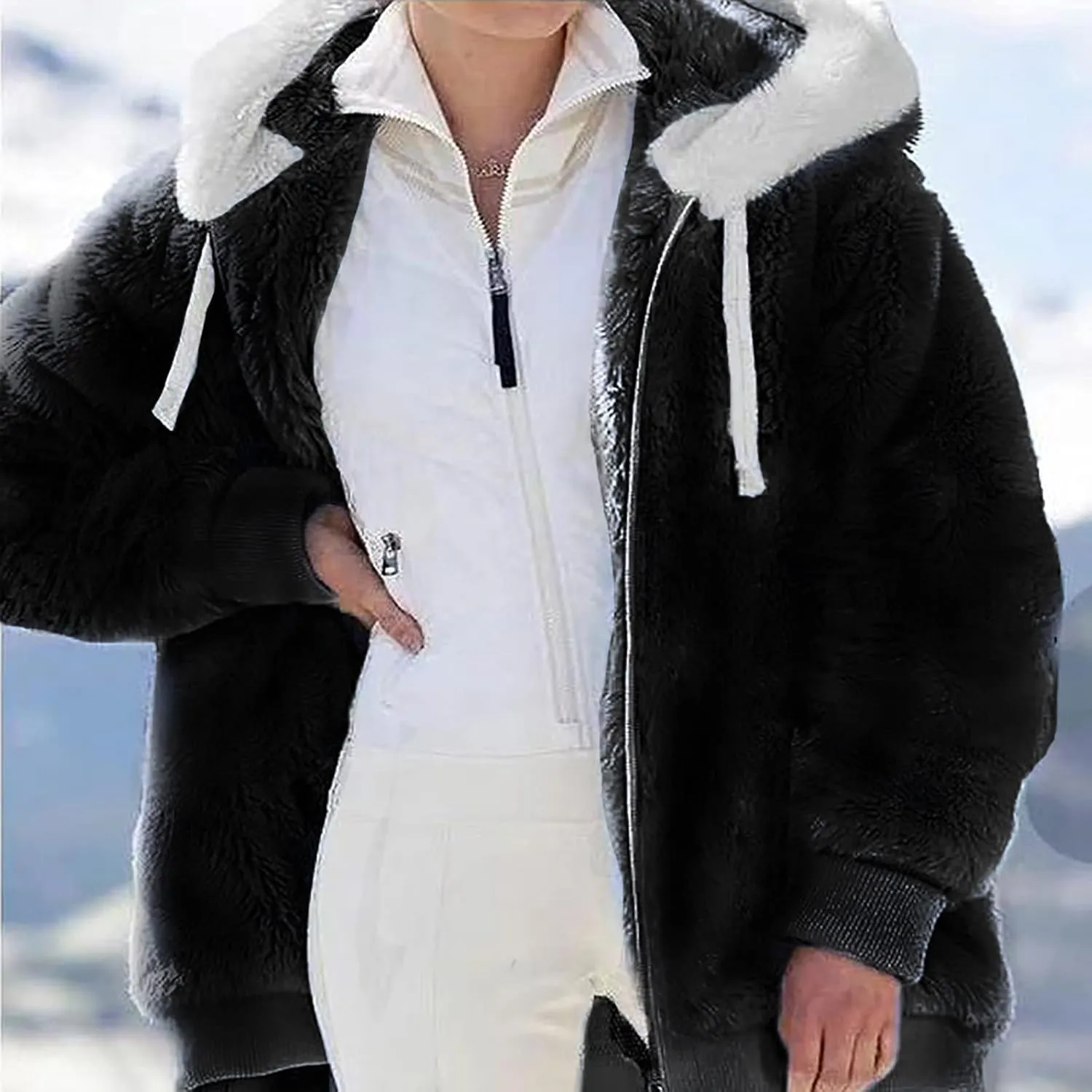 Womens Fleece Jackets Casual Fall Winter Coats Thick Shaggy Fuzzy Zip Up Hoodies Solid Warm Outwear with Pockets