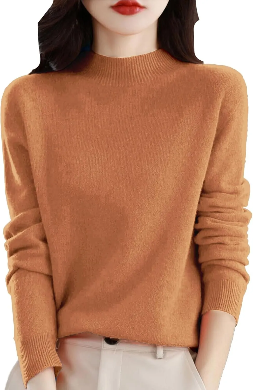 Womens Fleece Pullover Half Turtleneck Solid Color Basic Casual Sweater Tops Fashion Soft Knitted Long Sleeve Sweater