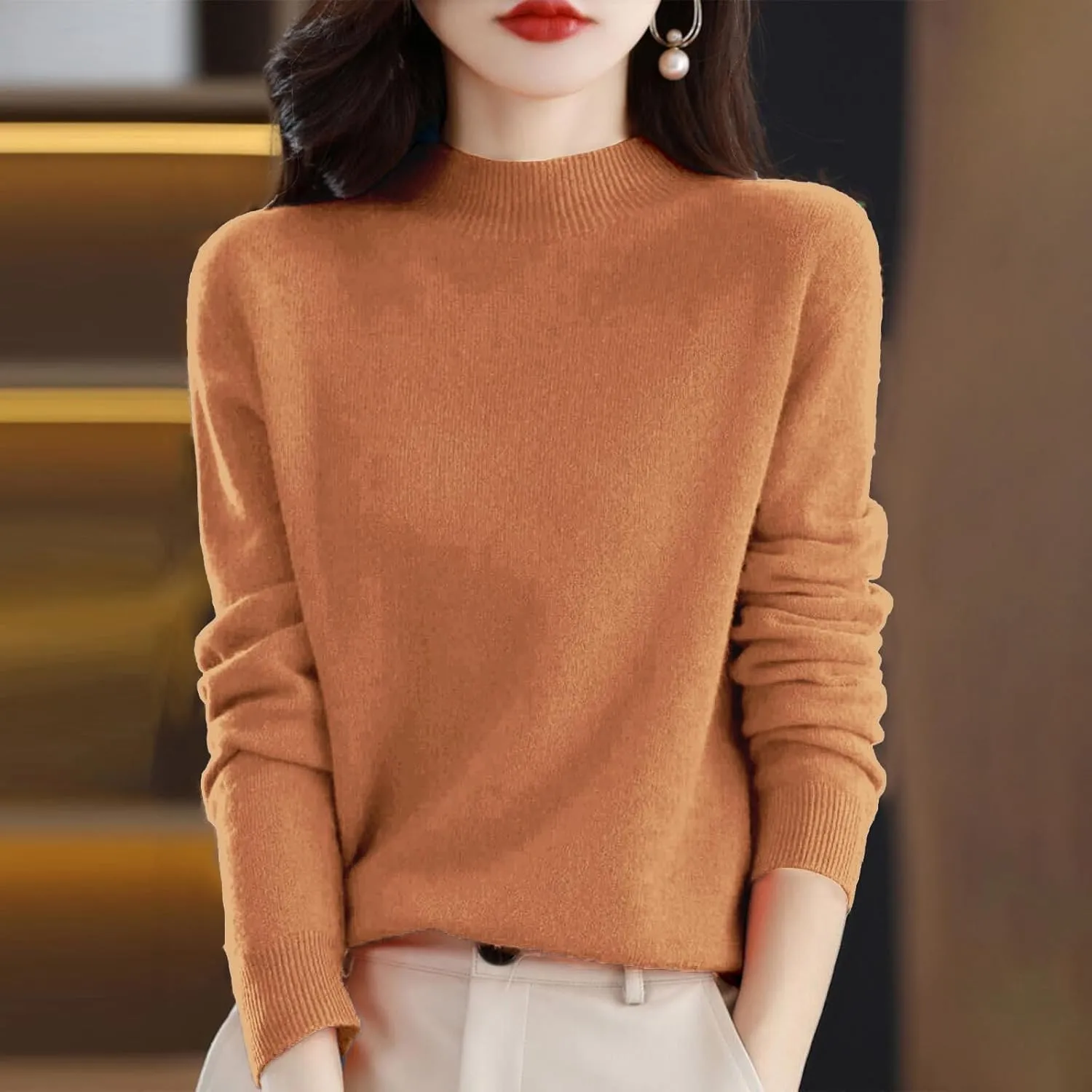 Womens Fleece Pullover Half Turtleneck Solid Color Basic Casual Sweater Tops Fashion Soft Knitted Long Sleeve Sweater