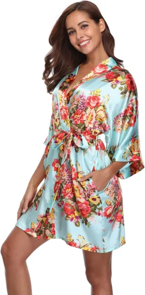 Women's Floral Satin Kimono Robes Short Bridesmaid Robes for Wedding Party