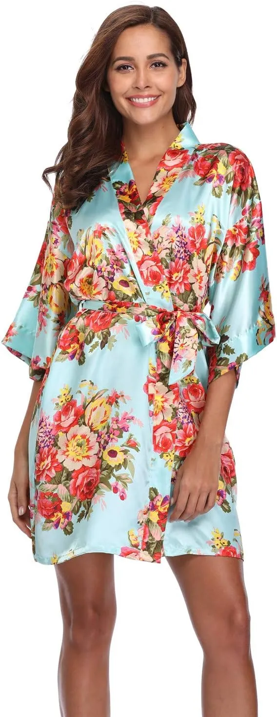 Women's Floral Satin Kimono Robes Short Bridesmaid Robes for Wedding Party