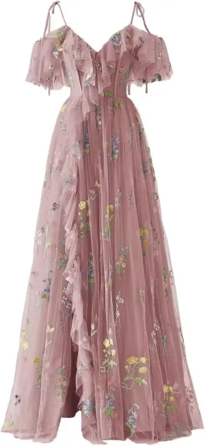 Women's Flower Embroidery Tulle Prom Dresses Corset A Line Long Slit Ruffles Formal Party Gowns
