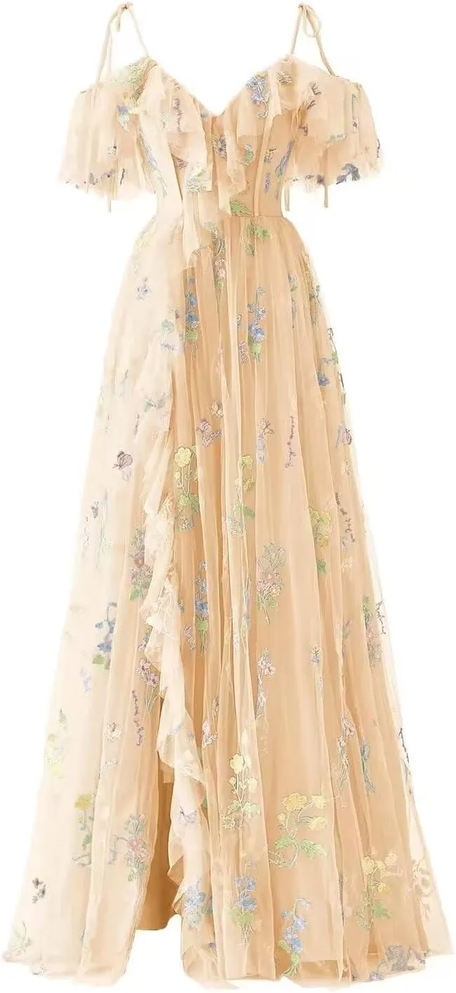 Women's Flower Embroidery Tulle Prom Dresses Corset A Line Long Slit Ruffles Formal Party Gowns