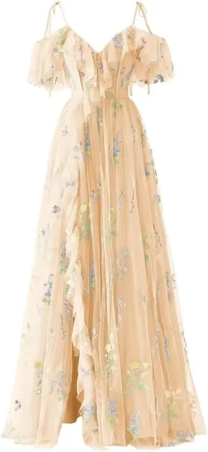 Women's Flower Embroidery Tulle Prom Dresses Corset A Line Long Slit Ruffles Formal Party Gowns