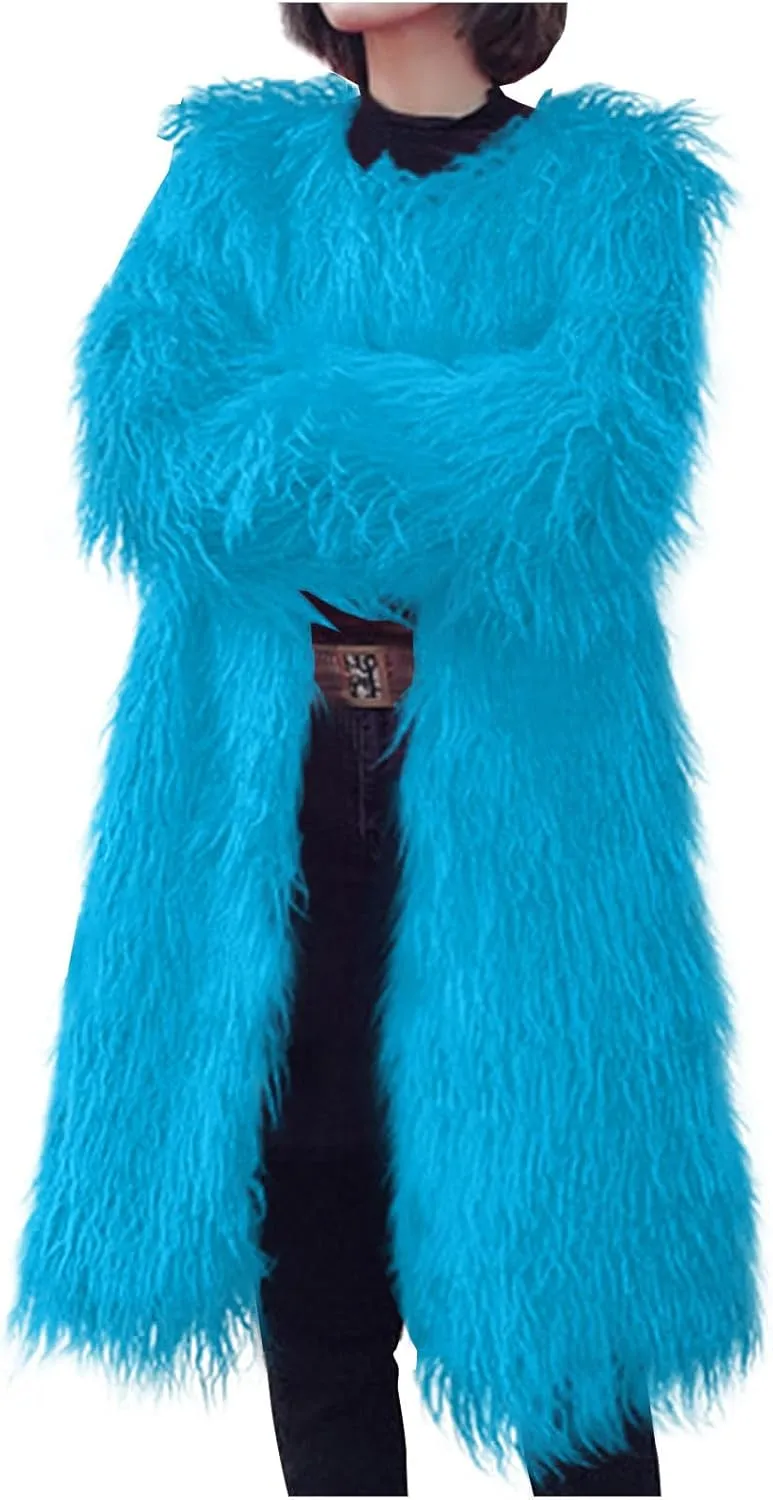Womens Fluffy Faux Fur Jacket Luxury Shaggy Plush Winter Coats Open Front Long Sleeve Cozy Warm Cardigan Outerwear