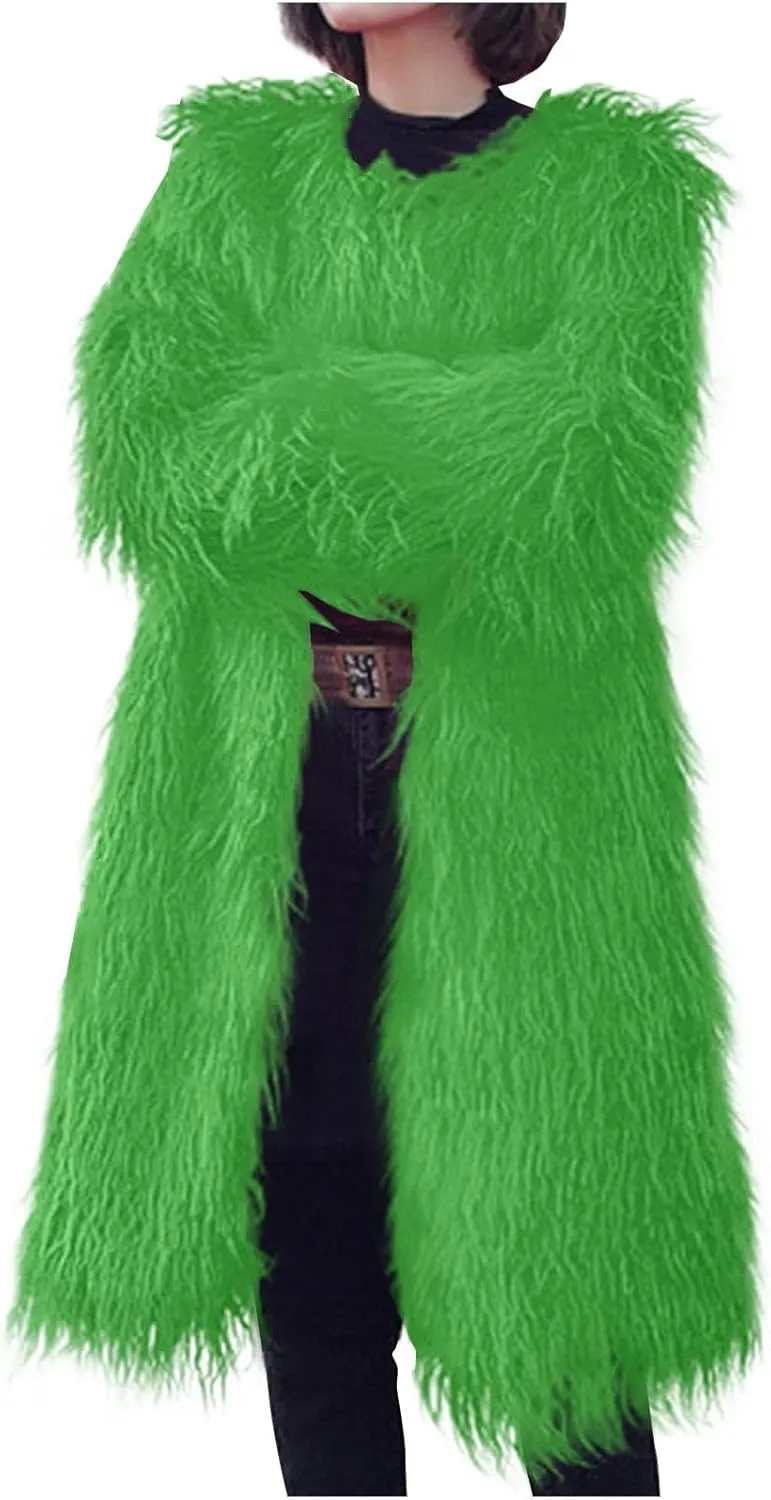Womens Fluffy Faux Fur Jacket Luxury Shaggy Plush Winter Coats Open Front Long Sleeve Cozy Warm Cardigan Outerwear