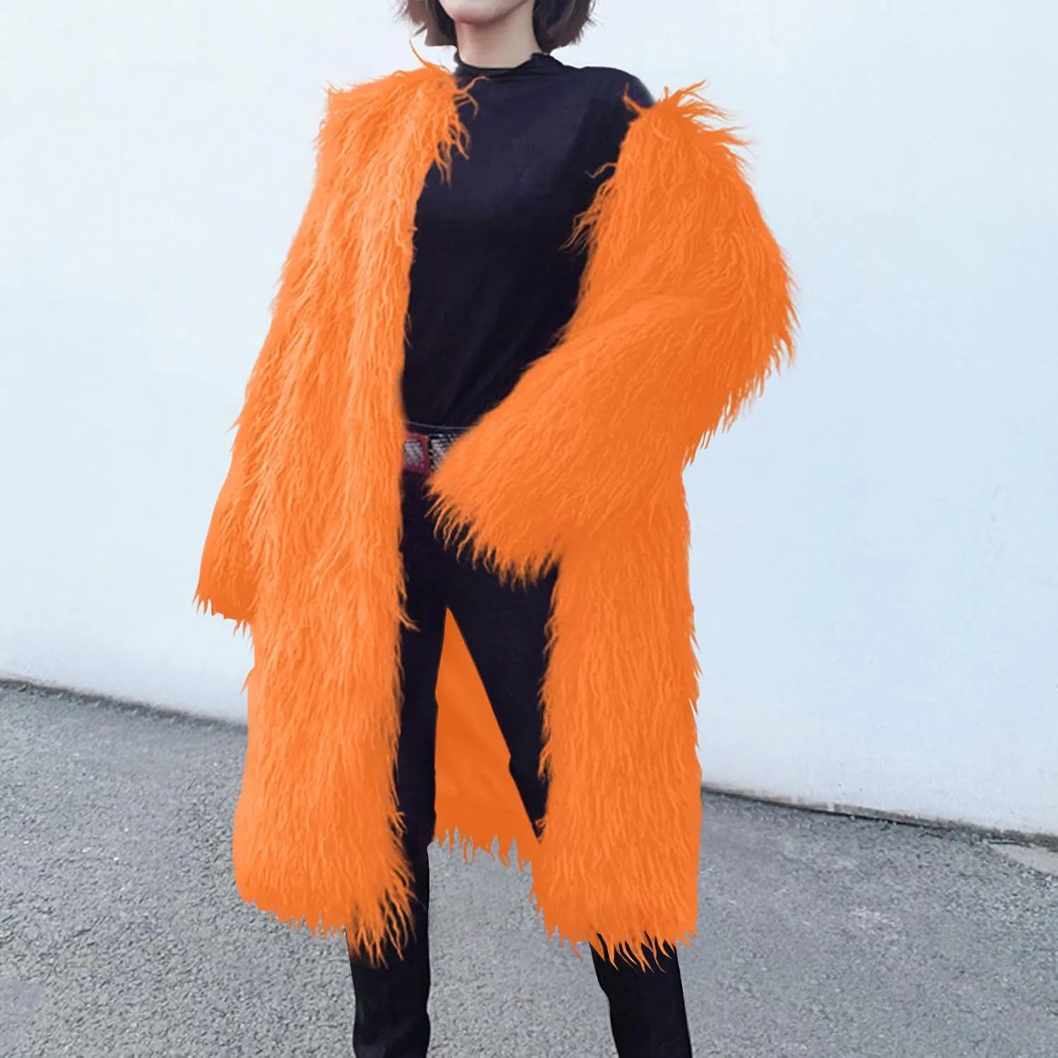 Womens Fluffy Faux Fur Jacket Luxury Shaggy Plush Winter Coats Open Front Long Sleeve Cozy Warm Cardigan Outerwear
