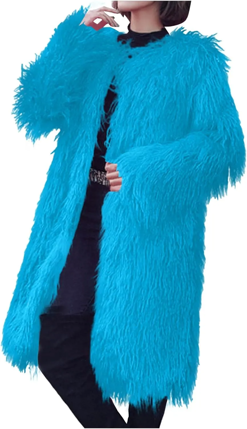 Womens Fluffy Faux Fur Jacket Luxury Shaggy Plush Winter Coats Open Front Long Sleeve Cozy Warm Cardigan Outerwear