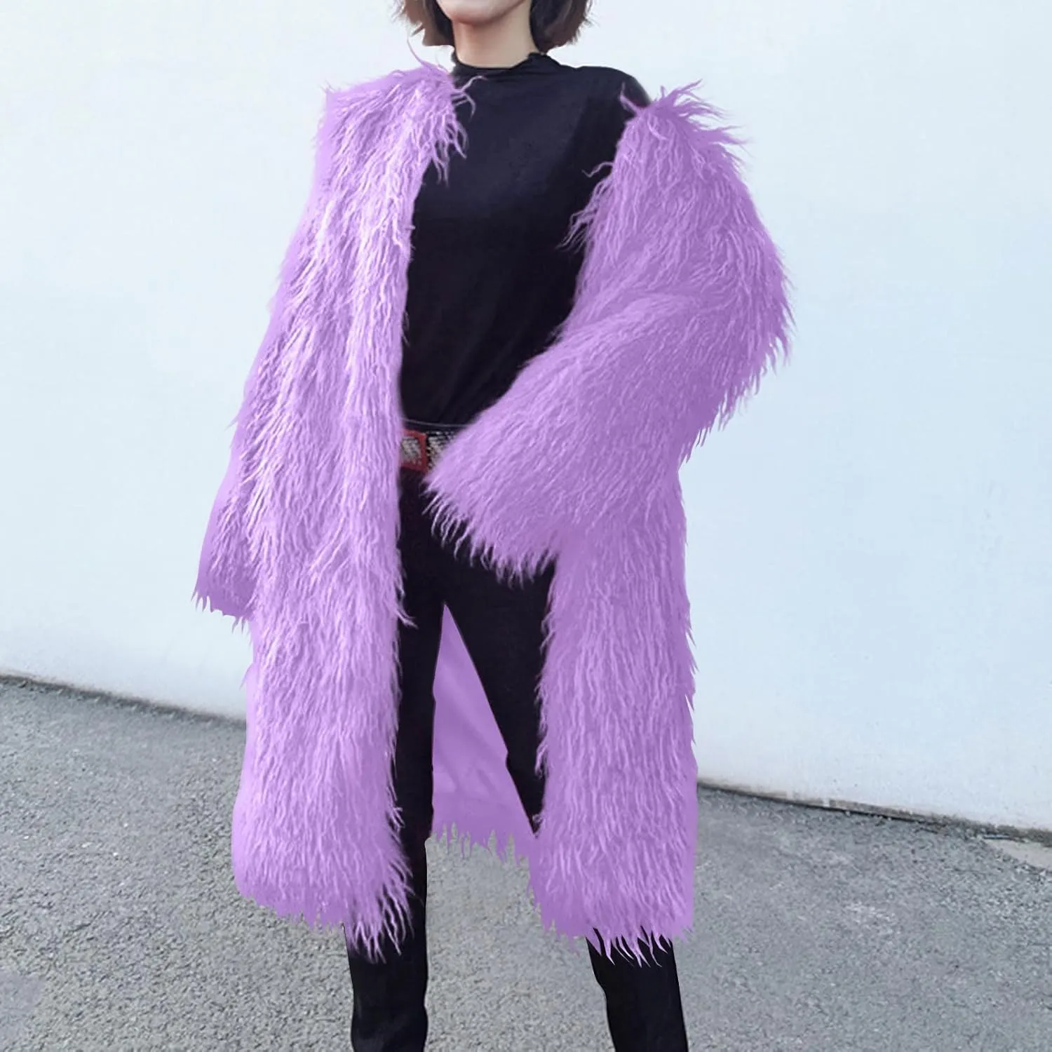 Womens Fluffy Faux Fur Jacket Luxury Shaggy Plush Winter Coats Open Front Long Sleeve Cozy Warm Cardigan Outerwear