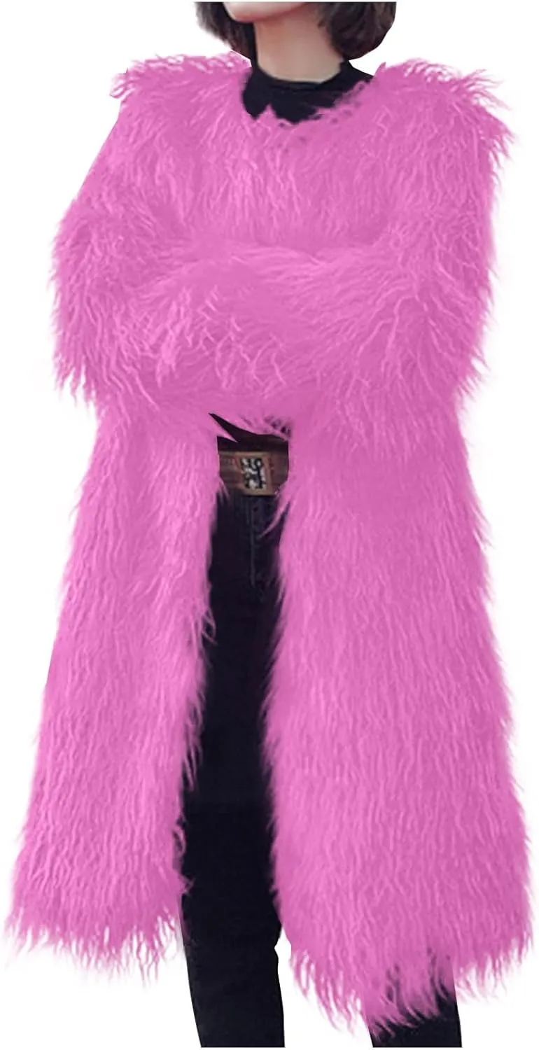 Womens Fluffy Faux Fur Jacket Luxury Shaggy Plush Winter Coats Open Front Long Sleeve Cozy Warm Cardigan Outerwear