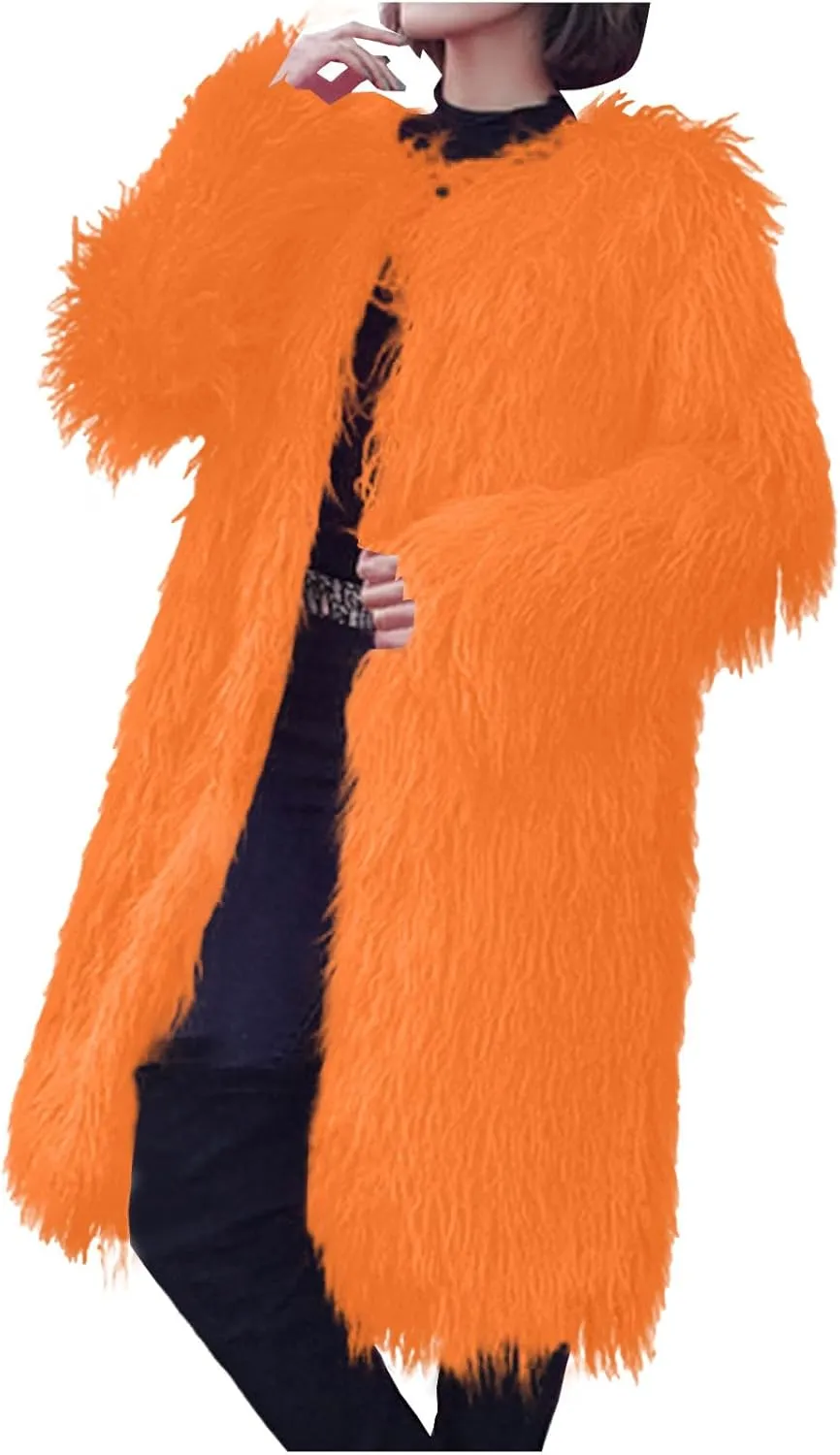 Womens Fluffy Faux Fur Jacket Luxury Shaggy Plush Winter Coats Open Front Long Sleeve Cozy Warm Cardigan Outerwear