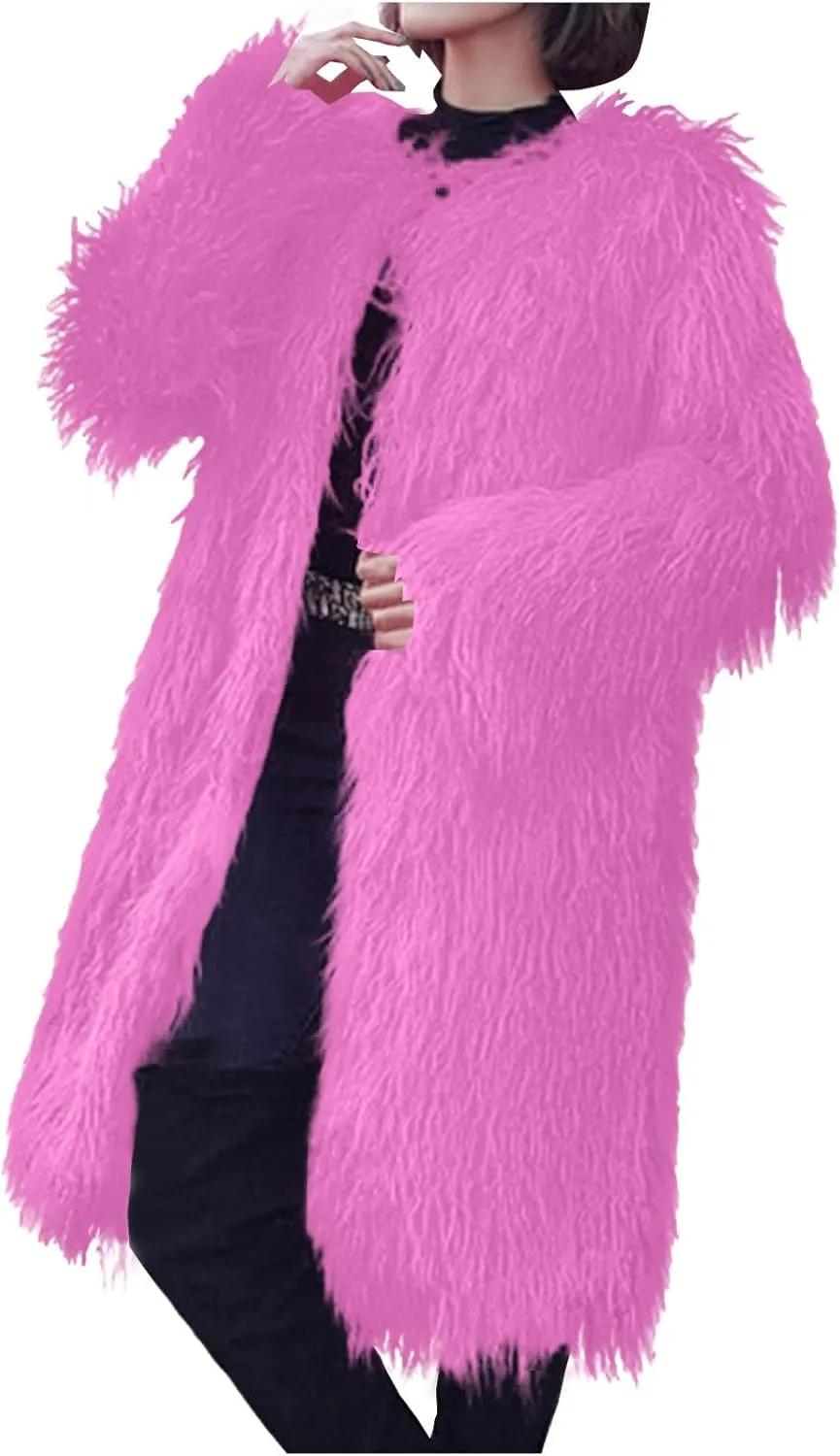 Womens Fluffy Faux Fur Jacket Luxury Shaggy Plush Winter Coats Open Front Long Sleeve Cozy Warm Cardigan Outerwear