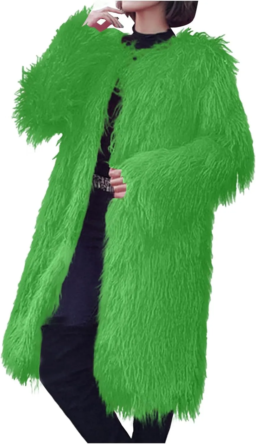 Womens Fluffy Faux Fur Jacket Luxury Shaggy Plush Winter Coats Open Front Long Sleeve Cozy Warm Cardigan Outerwear