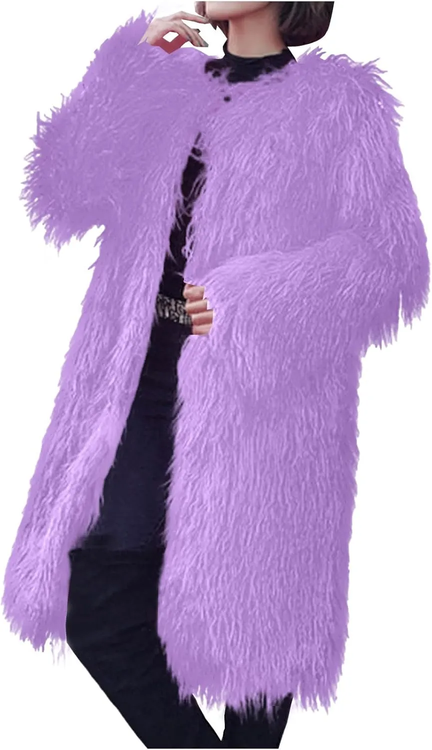 Womens Fluffy Faux Fur Jacket Luxury Shaggy Plush Winter Coats Open Front Long Sleeve Cozy Warm Cardigan Outerwear