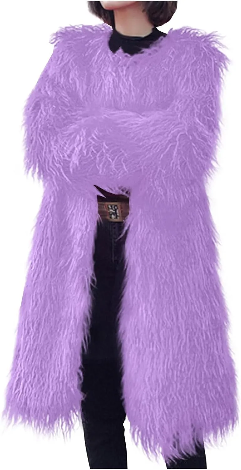 Womens Fluffy Faux Fur Jacket Luxury Shaggy Plush Winter Coats Open Front Long Sleeve Cozy Warm Cardigan Outerwear
