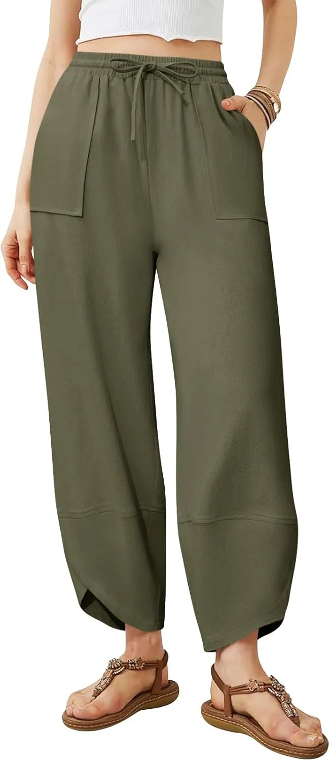 Women's Harem Cotton Linen Pants Wide Leg Barrel Baggy Sweatpants Palazzo Elastic Waist Trousers with Pockets Beach
