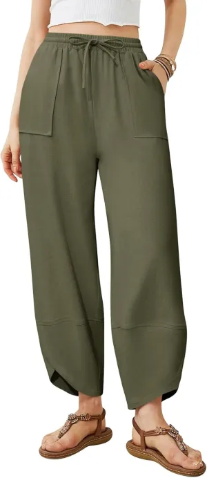 Women's Harem Cotton Linen Pants Wide Leg Barrel Baggy Sweatpants Palazzo Elastic Waist Trousers with Pockets Beach