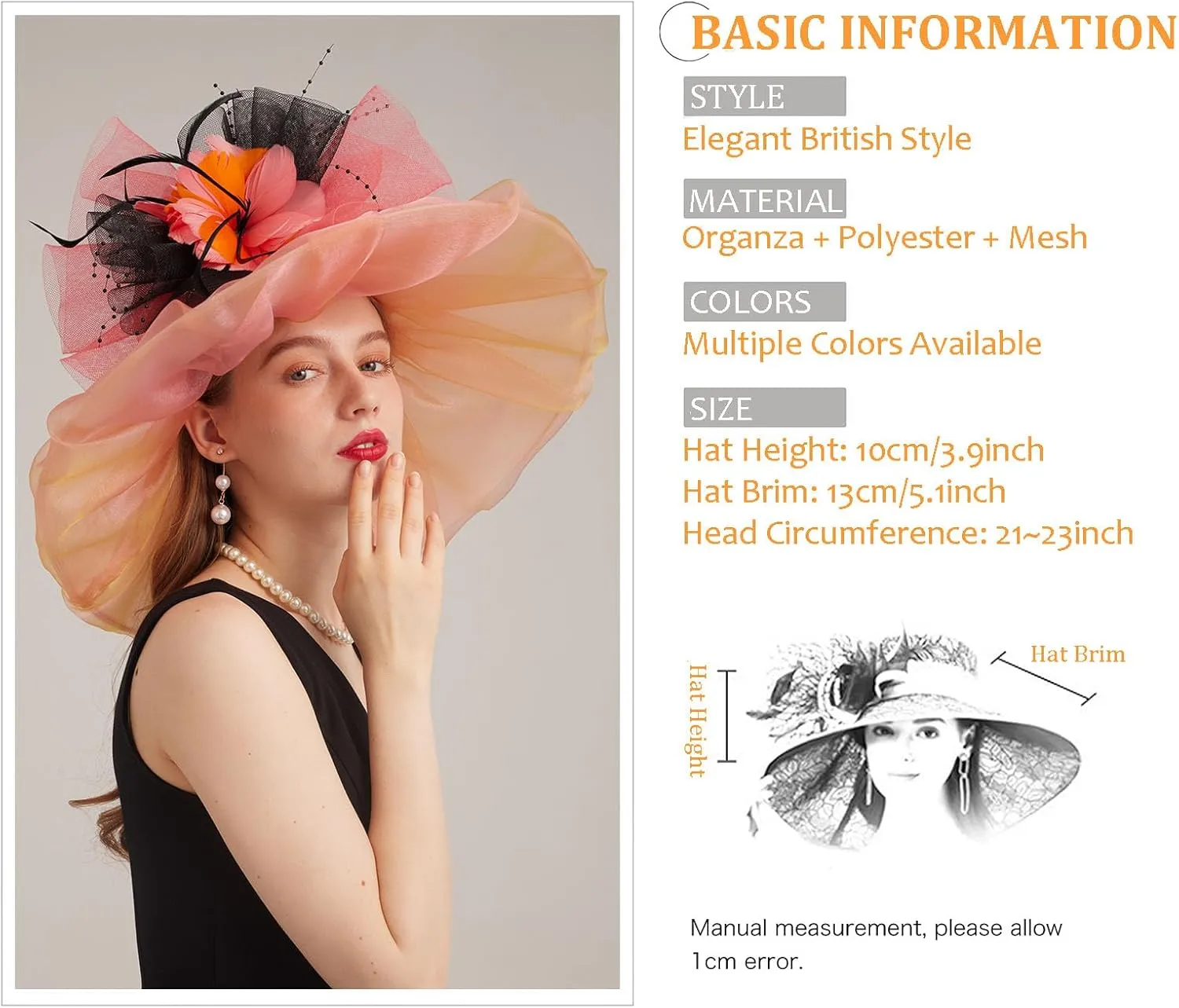Women's Kentucky Derby Church Dress Hat Wide Brim Leaf Flower Bridal Shower Hat