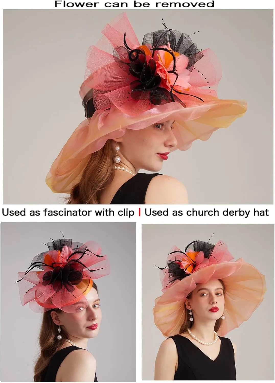 Women's Kentucky Derby Church Dress Hat Wide Brim Leaf Flower Bridal Shower Hat