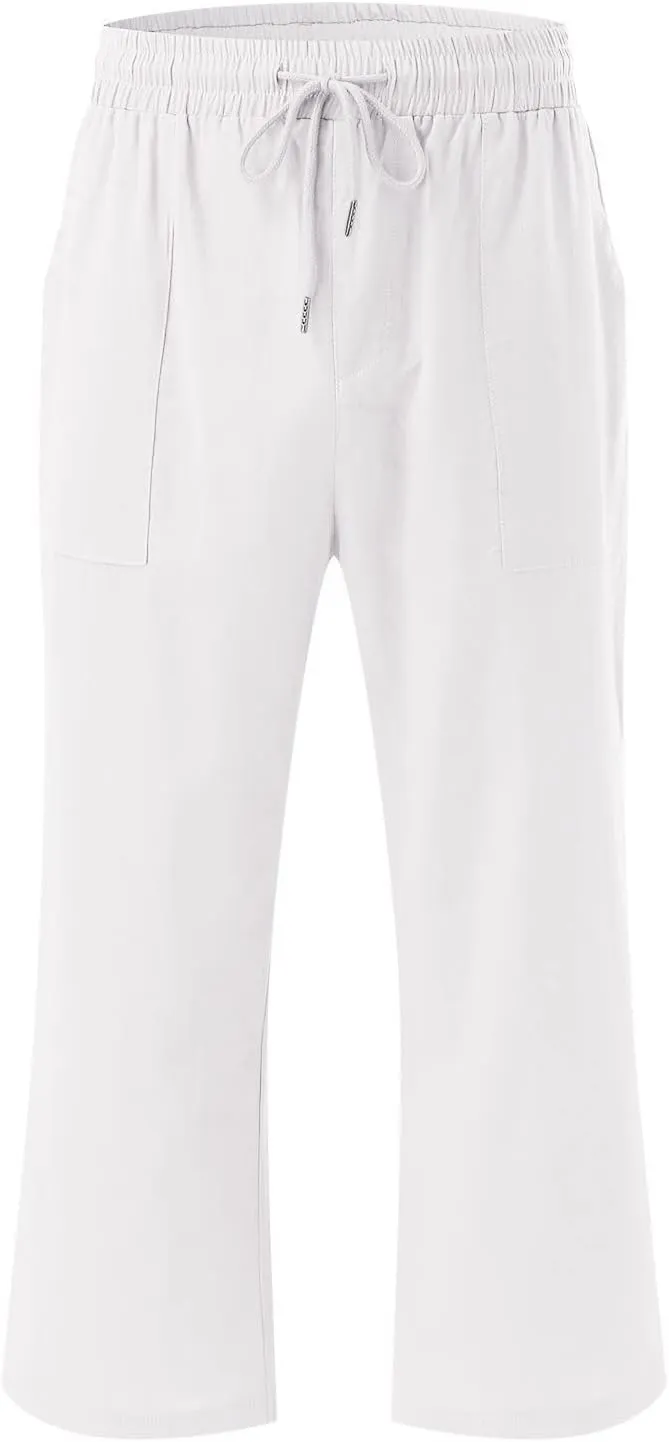 Womens Linen Pants Dressy Loose Fit High Waist Solid Wide Leg Work Palazzo Pant Trousers with Pockets