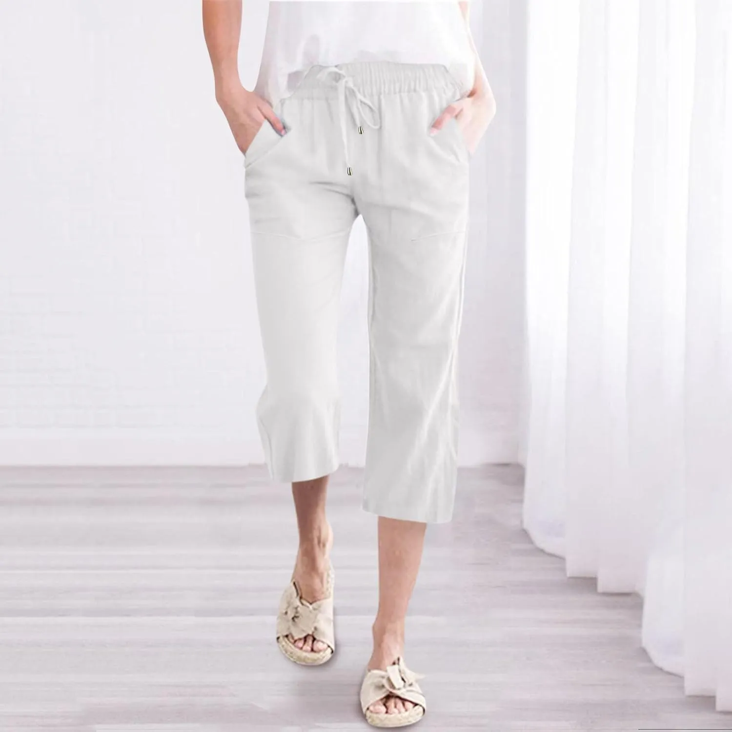 Womens Linen Pants Dressy Loose Fit High Waist Solid Wide Leg Work Palazzo Pant Trousers with Pockets