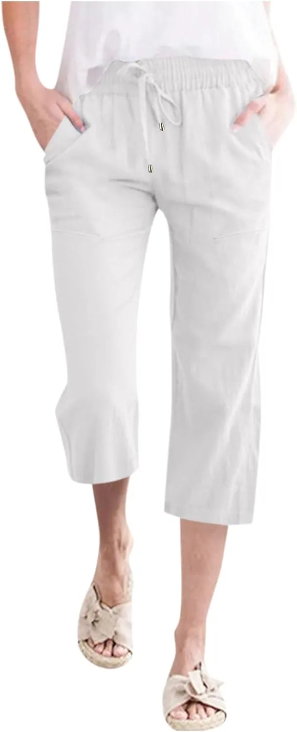 Womens Linen Pants Dressy Loose Fit High Waist Solid Wide Leg Work Palazzo Pant Trousers with Pockets