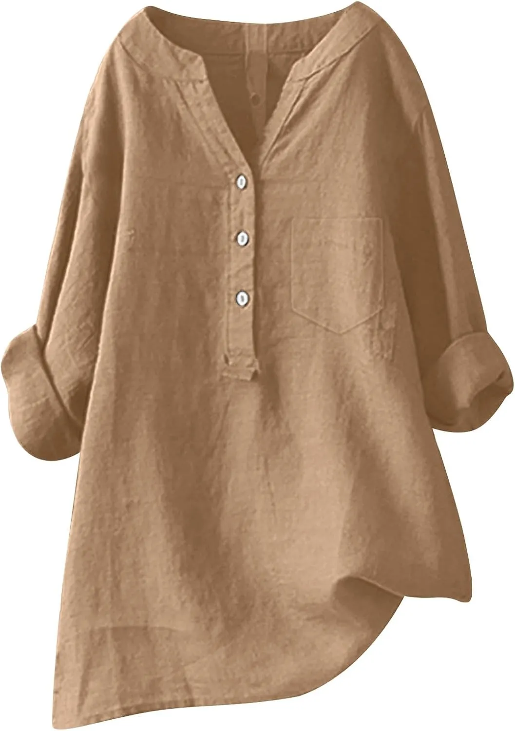 Womens Linen Shirts V-Neck Buttons Blouses Floral Print Trendy Tshirts Long Sleeve Loose T Shirts
