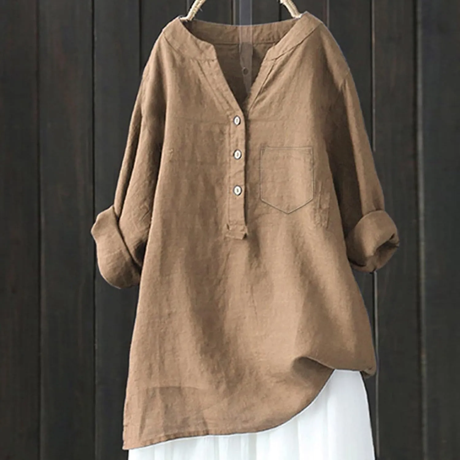Womens Linen Shirts V-Neck Buttons Blouses Floral Print Trendy Tshirts Long Sleeve Loose T Shirts