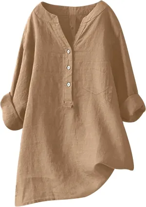 Womens Linen Shirts V-Neck Buttons Blouses Floral Print Trendy Tshirts Long Sleeve Loose T Shirts