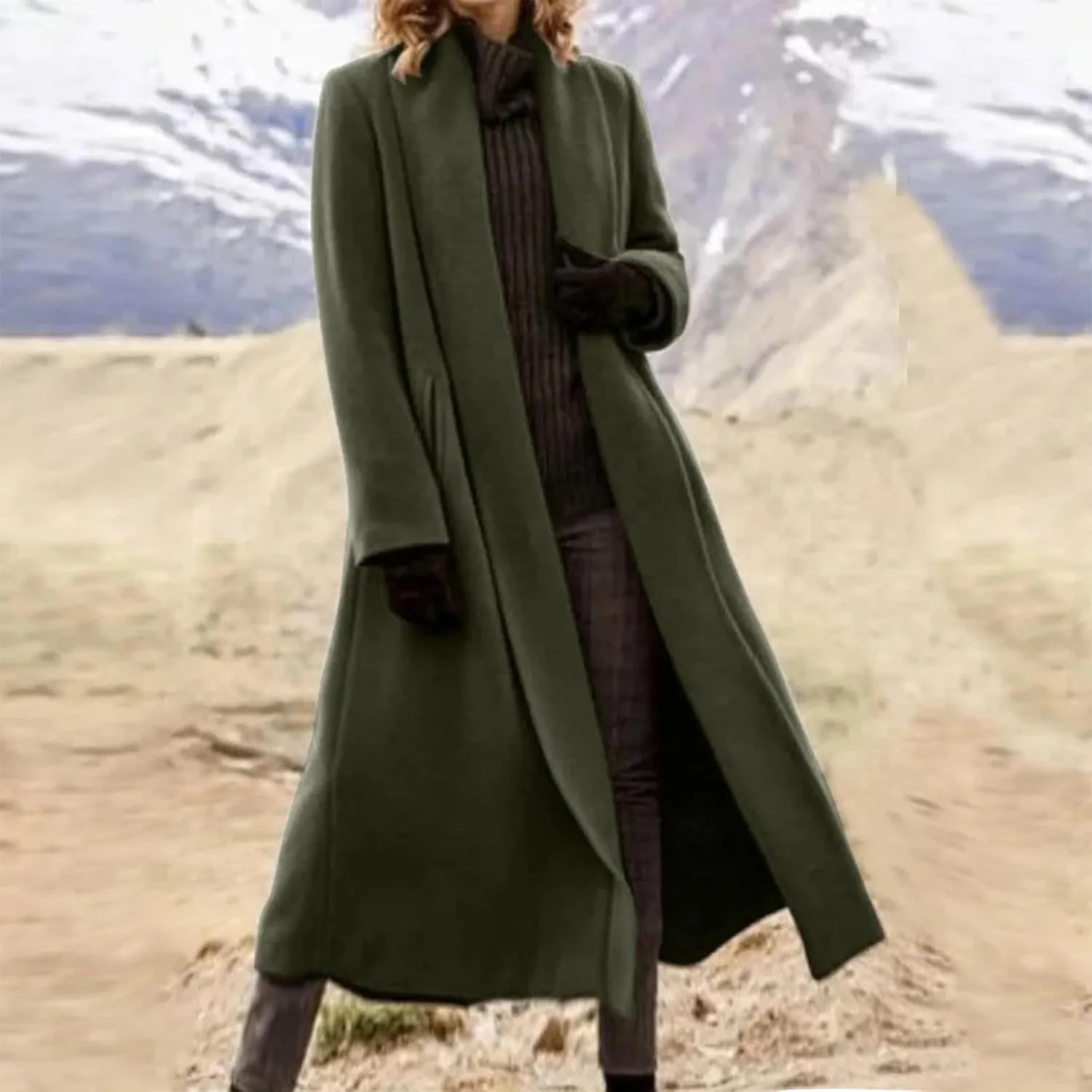 Women's Long Wool Blend Pea Coat Winter Casual Overcoat Lapel Collar Trench Coat Open Front Long Jacket Outerwear
