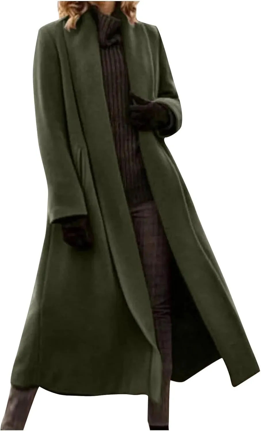 Women's Long Wool Blend Pea Coat Winter Casual Overcoat Lapel Collar Trench Coat Open Front Long Jacket Outerwear