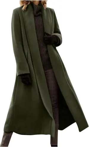 Women's Long Wool Blend Pea Coat Winter Casual Overcoat Lapel Collar Trench Coat Open Front Long Jacket Outerwear