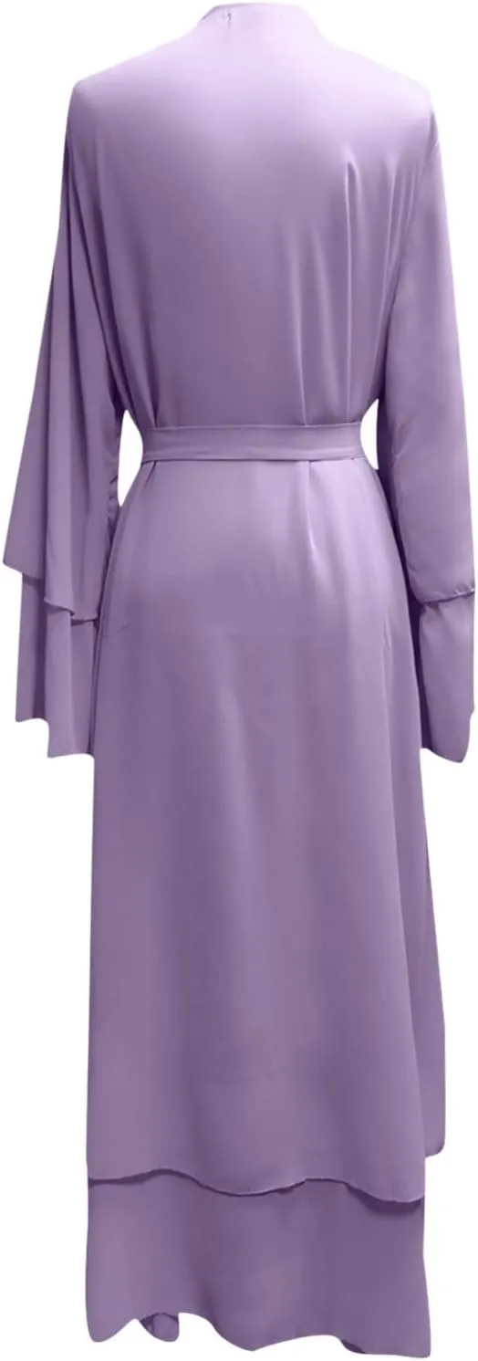 Womens Muslim Robe Loose Fancy Maxi Dress Turkey Islamic Middle East Dubai Long Gown Full Length Dress with Belt
