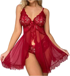 Womens Nightie Lingerie Set for Women Butterfly Solid Chemise Babydoll Side Split Cami Mesh Sexy Lace Long Bow Tie