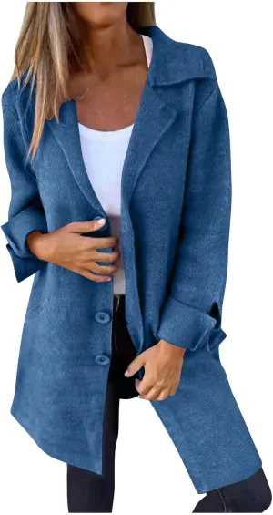 Womens Notched Lapel Collar Peacoat Winter Single-Breasted Outerwear Mid Long Jacket Solid Warm Trench Coats