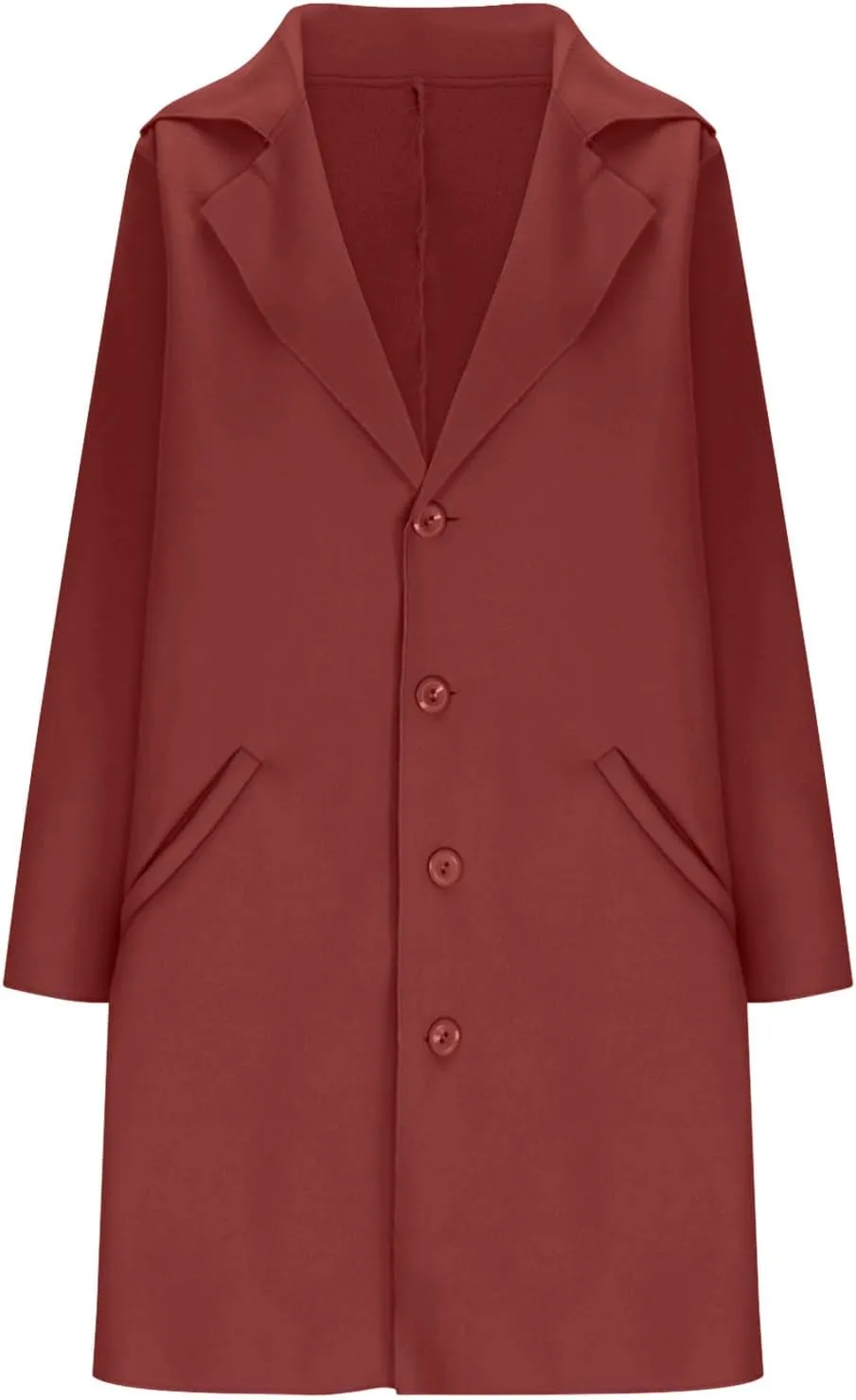 Womens Notched Lapel Collar Peacoat Winter Single-Breasted Outerwear Mid Long Jacket Solid Warm Trench Coats