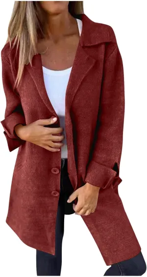 Womens Notched Lapel Collar Peacoat Winter Single-Breasted Outerwear Mid Long Jacket Solid Warm Trench Coats