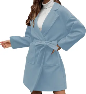Women's Oversized Long Sleeve Tie Belt Wrap Coats Notched Lapel Loose Fit Trench Coats Warm Overcoat with Pockets
