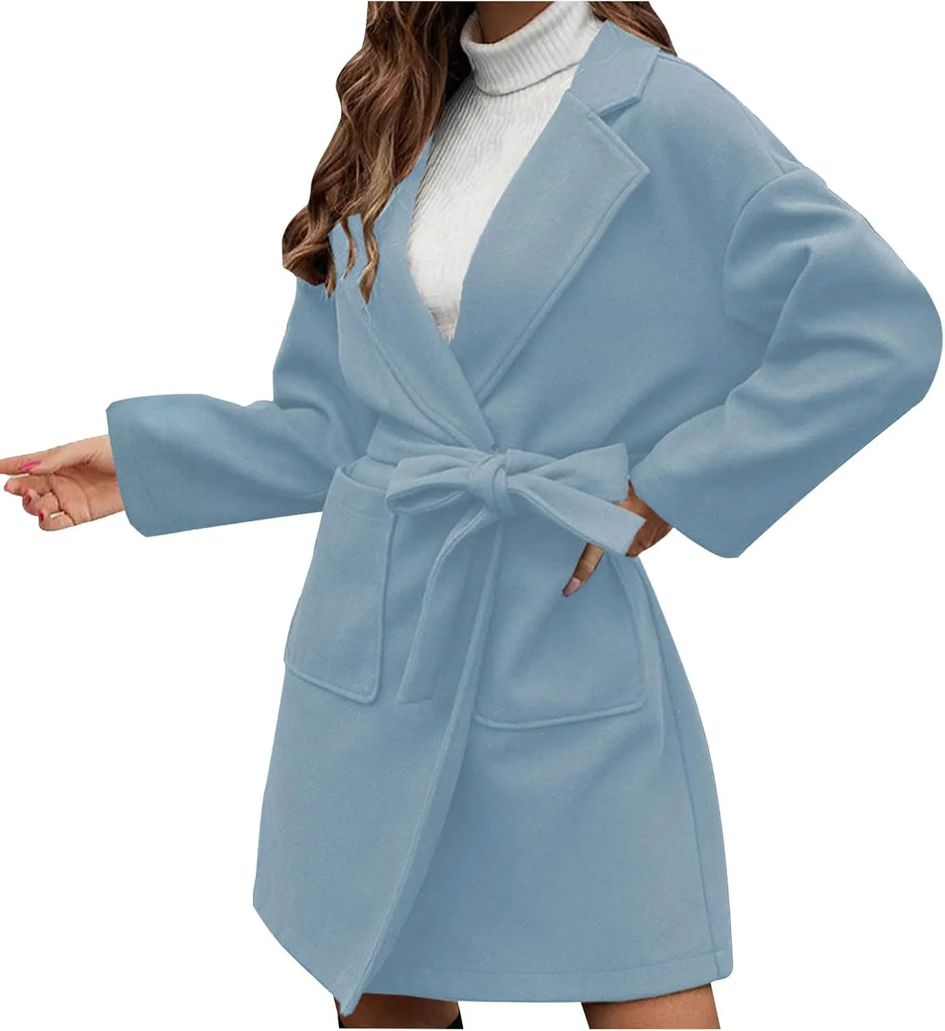 Women's Oversized Long Sleeve Tie Belt Wrap Coats Notched Lapel Loose Fit Trench Coats Warm Overcoat with Pockets