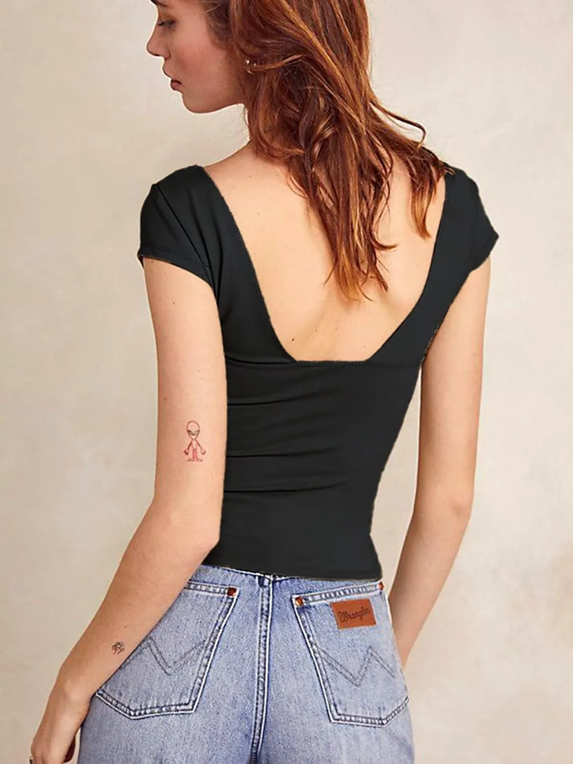 Women's Sexy Backless Crop Tank Tops Deep V Neck Short Sleeve T-Shirts Slim Fit Y2K Tops Open Back Cami Tops