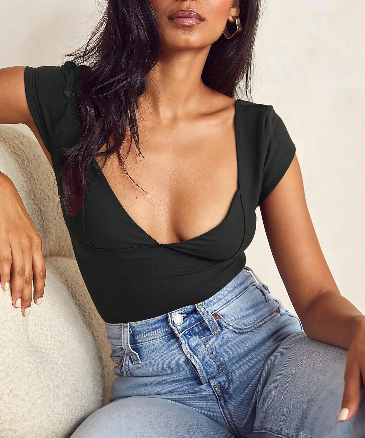 Women's Sexy Backless Crop Tank Tops Deep V Neck Short Sleeve T-Shirts Slim Fit Y2K Tops Open Back Cami Tops